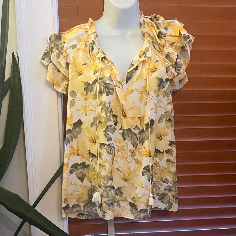 Rose & Olive Yellow and Gray Floral Blouse